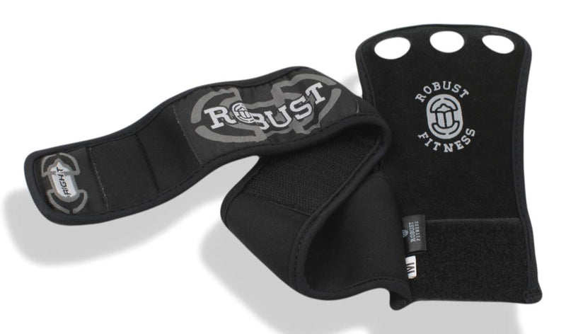 [AUSTRALIA] - ROBUST FITNESS Genuine Leather Hand Grips for Cross-Training, Pull-ups, Weightlifting, WODs with Neoprene Wrist warps. Palm Shield from Rips & Blisters. Black Medium 