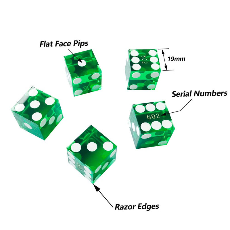 Yuanhe Set of 5 Grade AAA Precision 19mm Serialized Casino Craps Dice with Razor Edges and Corners (5 Colors Available) Green - BeesActive Australia