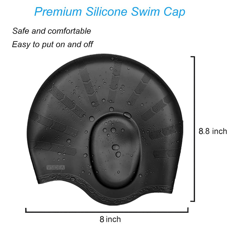 Vsidea Silicone Swim Cap (2pack),Ear Protection 3D Ergonomic Design Waterproof Bathing Solid Swimming Cap Ear Cover Pockets Comfortable for Adult Men Women Long Hair Black+Blue - BeesActive Australia