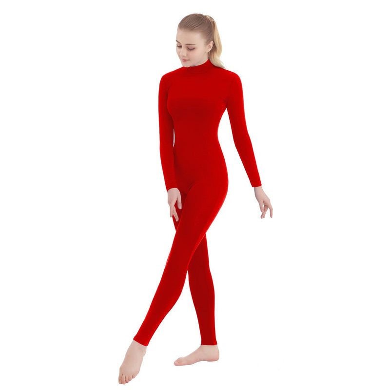 SUPRNOWA Unisex Turtleneck Footed/Footless Long Sleeve Spandex Full Body Unitard Medium Red (Footless) - BeesActive Australia