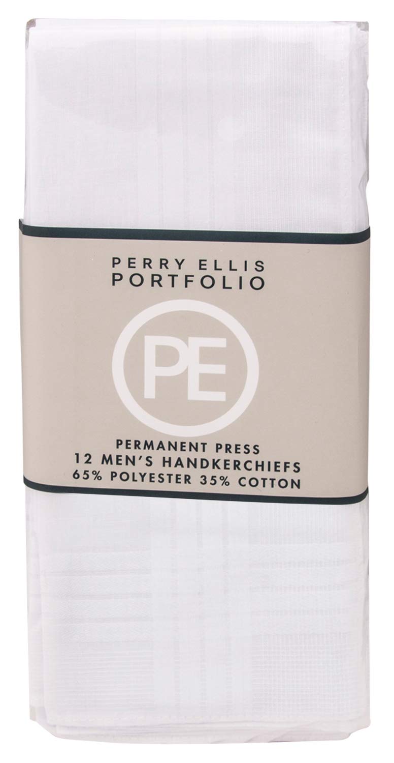 Perry Ellis 12 Pack Handkerchief (Permanent Press White with Satin Cord, 16" x 16") - BeesActive Australia