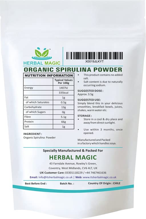 Herbal Magic's Organic Spirulina Powder - Sparkle Your Smoothies, Shakes - Ideal for Trainers on a Vegan, Vegetarian Diet - No Fillers & Preservatives - of&G UK Organic Certified-100g (Pack of 1) 100 g (Pack of 1) - BeesActive Australia