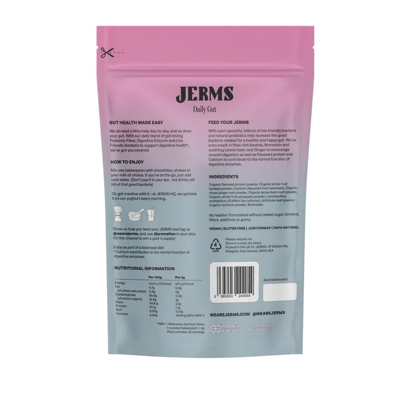 JERMS Daily Gut Probiotic Powder 10 Billion CFU Prebiotic Fibre with Digestive Enzymes + Organic Superfoods 30 Servings - 100% Natural Vegan Gluten Free Gut Health Support Ease Bloating - BeesActive Australia