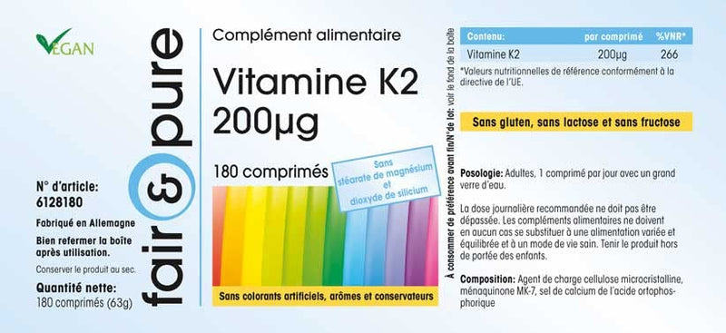 Fair & Pure� - Vitamin K2 200mcg, Vegan, high dose Natural menaquinone MK-7, MK7, Without Magnesium Stearate, 180 Vitamin K2 Tablets - BeesActive Australia