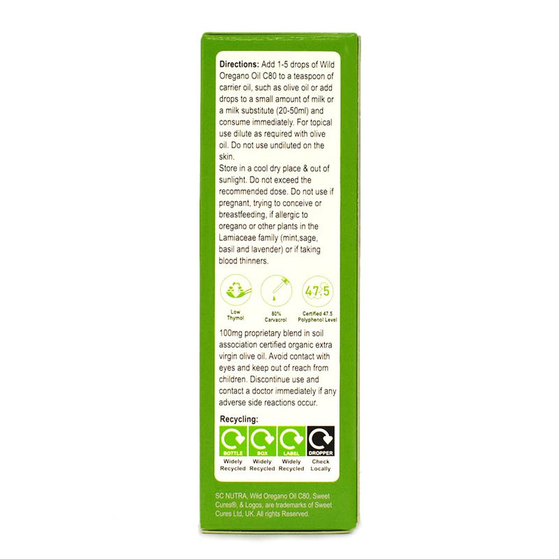 Organic Wild Oregano Oil C80 10ml (70 Servings) - 83%+ Carvacrol & Low Thymol Levels - UK Soil Association Approved - SC Nutra / Sweet Cures - BeesActive Australia