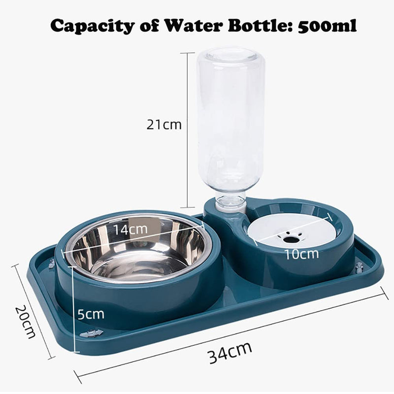 Double Dog Cat Bowls, 2 in1 Pet Water and Food Bowl Set with Automatic Gravity Water Dispenser Bottle Detachable Stainless Steel Bowl No-Spill for Cats and Dogs Puppy Kitten Rabbit Blue Capacity Water Bottle: 500ML - BeesActive Australia