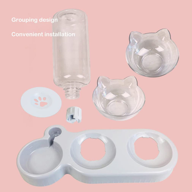 Triple Dog Cat Bowls,15°Tilt 3- in- 1 Water Feeder Bowls Cat Double Food Bowls with Automatic Water Bottle Bowl,Removable Cat Wet and Dry Food Bowl Set for Small Cat and Puppy Pink - BeesActive Australia