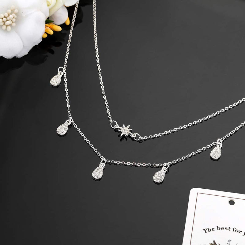 Edary Boho Crystal Tassel Necklace Star Pendant Drop Water Necklaces for Women and Girls. (Silver) Silver - BeesActive Australia
