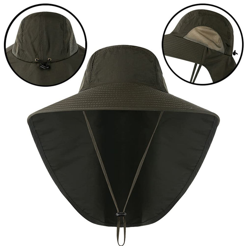 Wide Brim Sun Hat with Neck Flap, Adjustable Outdoor 50+UPF Protection Safari Cap Womens Mens Hiking Fishing Hat Army Green - BeesActive Australia