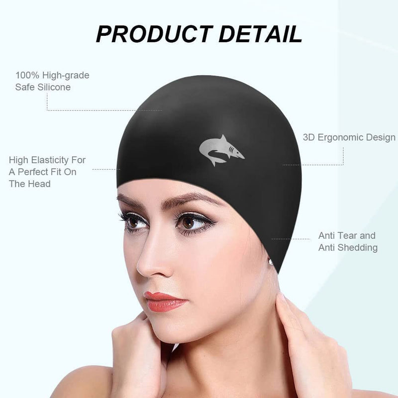 Silicone Swim Caps for Long Hair, Cover Ears Swimming Caps with 3D Ear Pockets or Adult Youths, Flexible Waterproof Swimming Caps for Women #1 Basic-black - BeesActive Australia