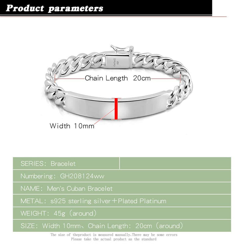 Dankadi Classic Men's Silver Jewelry Bracelet 100% 925 Sterling Silver Bracelet Glossy Brand Bracelet 10MM Original Italian 7-8-9-10 inch Silver Cuban Chain Safety Clasp 8.0 Inches - BeesActive Australia