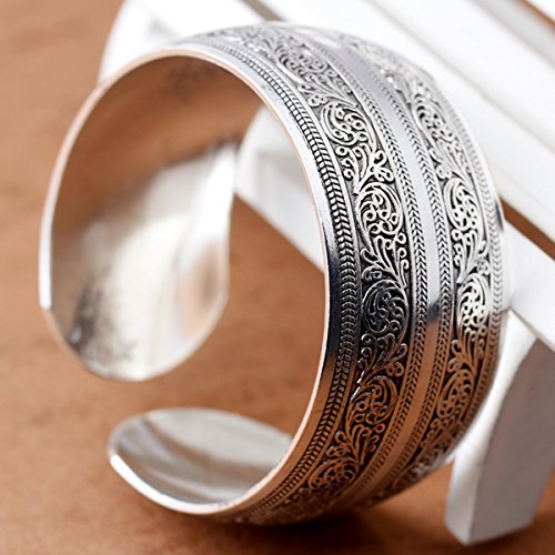 BODYA Tibeten Silver Carved Spiral Flower Connecting Branches Pattern Wide Band Open Cuff Bracelet Bangle - BeesActive Australia