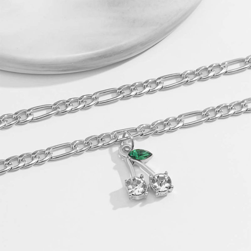Aimimier Layered Crystal Cherry Necklace 2Pcs Figaro Link Chain Necklace with Cute Fruit Pendant Necklace for Women and Girls (Silver-clear) Silver-clear - BeesActive Australia