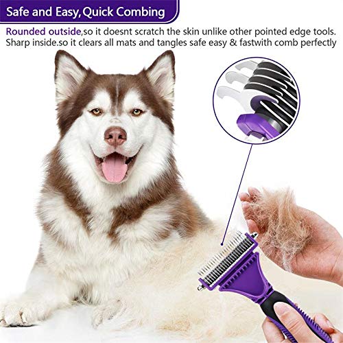 Dog Dematting Tool - Dematting Comb with 2 Sided Undercoat Rake for Cats & Dogs Safe Grooming Rake Tool for Easy Mats & Tangles Removing No More Nasty Shedding and Flying Hair (Purple) PURPLE - BeesActive Australia