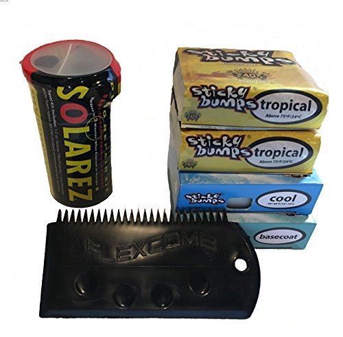 Sticky Bumps Wax plus Solarez UV Cure Resin Ding Repair Kit and 2 Bars of Tropical Wax, 1 Bar Base Coat, 1 Bar Cool Wax and a Flexcomb to Clean Your Board - BeesActive Australia