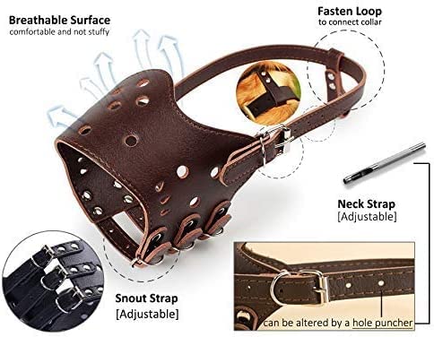 BARKLESS Dog Muzzle Leather, Comfort Secure Anti-Barking Muzzles for Dog, Breathable and Adjustable, Allows Drinking and Eating, Used with Collars Medium Brown - BeesActive Australia