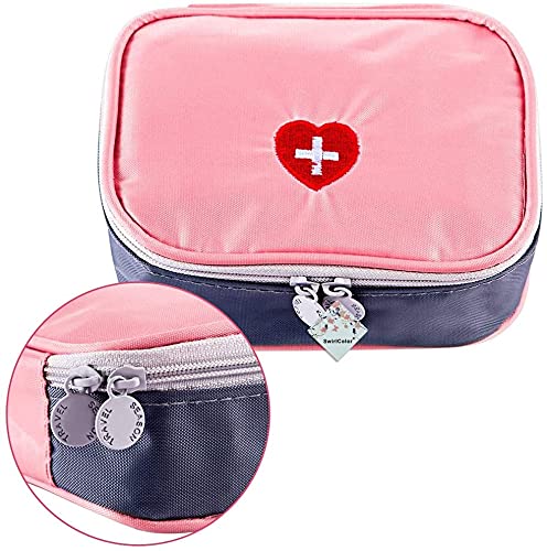 SwirlColor Mini First Aid Pouch Portable Pill Organiser Easy Carry Empty Medicine Container with Multi-Pocket for Travel 5.1*3.9*1.57inch Pink - BeesActive Australia