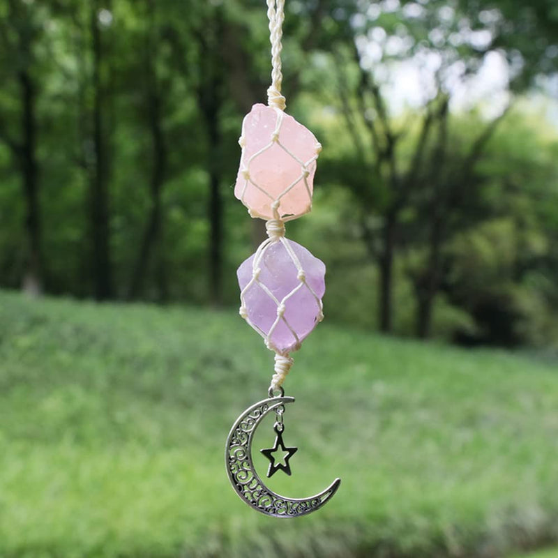WULILONG Rose Quartz Amethyst Pendant Crystal Car Hanging Ornament Hanging Car Charm Healing Crystal Accessories Crystal Stones Reiki for Meditation Protection (RoseCrystal+Amethyst) Rosecrystal+amethyst - BeesActive Australia