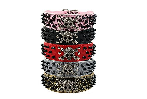 Dogs Kingdom Skull Punk Style Spiked Studded Pu Leather Dog Collars Pitbull Boxer Mastiff Pet Collar Medium Black - BeesActive Australia