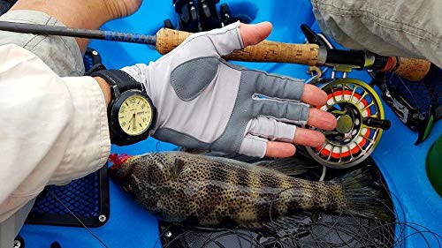 [AUSTRALIA] - Riverruns Fingerless Fishing Gloves- Fishing Sun Gloves- UV Protection Gloves Men and Women Fishing, Boating, Kayaking, Hiking, Running, Cycling and Driving. Light Gray Medium 