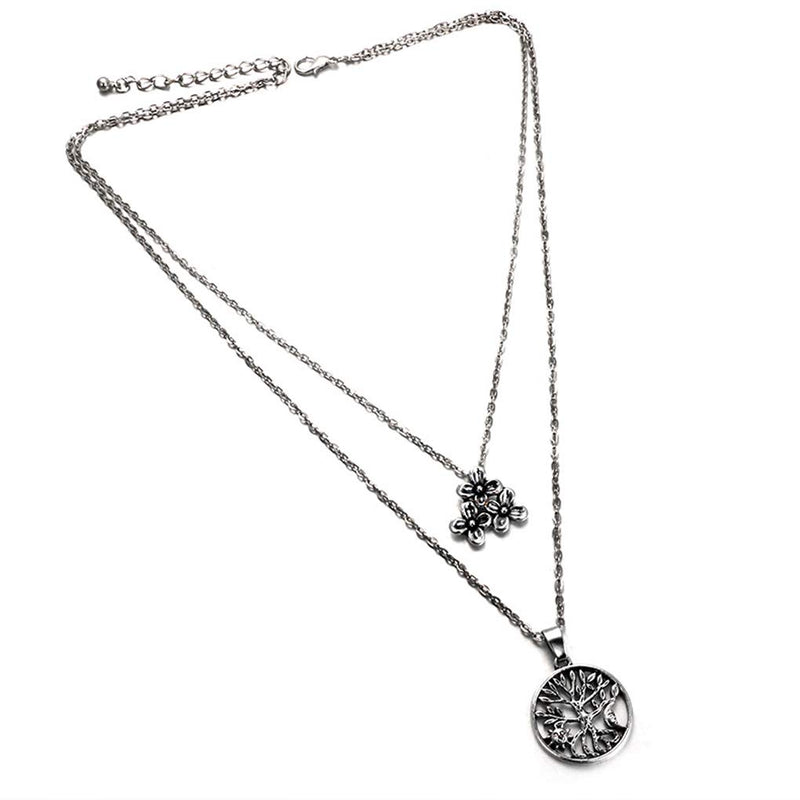 Yalice Boho Layered Pendant Necklace Chain Life of Tree Necklaces Silver Flower Pendant Necklaces Jewelry for Women and Girls - BeesActive Australia