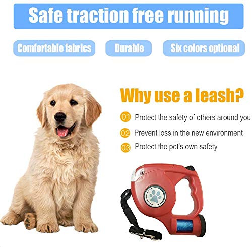 JEBBLAS Dog Retractable Leashes with Flashlight and Waste Bag Dispenser, 3 in 1 Automatic 15ft Dog Walking Leash with Anti-Slip Handle, Red - BeesActive Australia