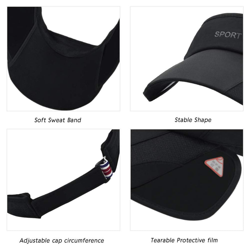 Men Women Sun Sports Visor Hats Summer Retractable Wide Brim Adjustable Golf Tennis Black One Size - BeesActive Australia