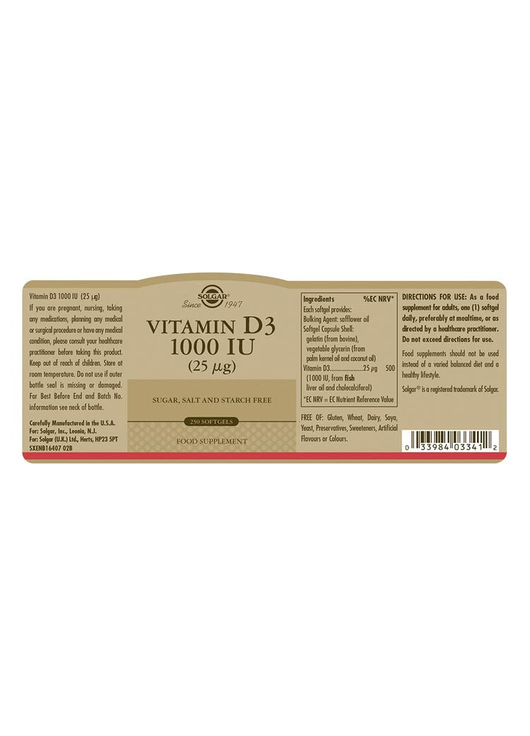 Solgar Vitamin D3 1000 IU (25 �g) Softgels - Pack of 250 - Healthy Bones and Teeth - Supports Immunity and Muscle Function - Gluten Free - BeesActive Australia