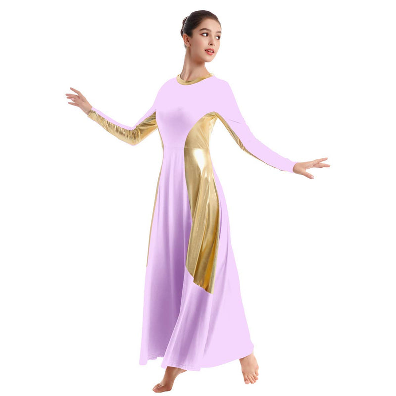 [AUSTRALIA] - IBAKOM Womens Praise Liturgical Dancewear Long Sleeves Dance Dress Metallic Gold Loose Fit Full Length Tunic Circle Costume Small Light Purple-gold 