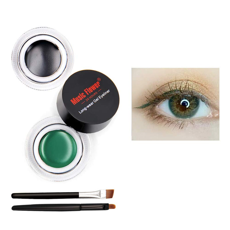 Music Flower Gel Eyeliner With 2 Brushes set Waterproof Long-lasting Smudge-proof Easy to Wear (Green+Black) Green+Black - BeesActive Australia