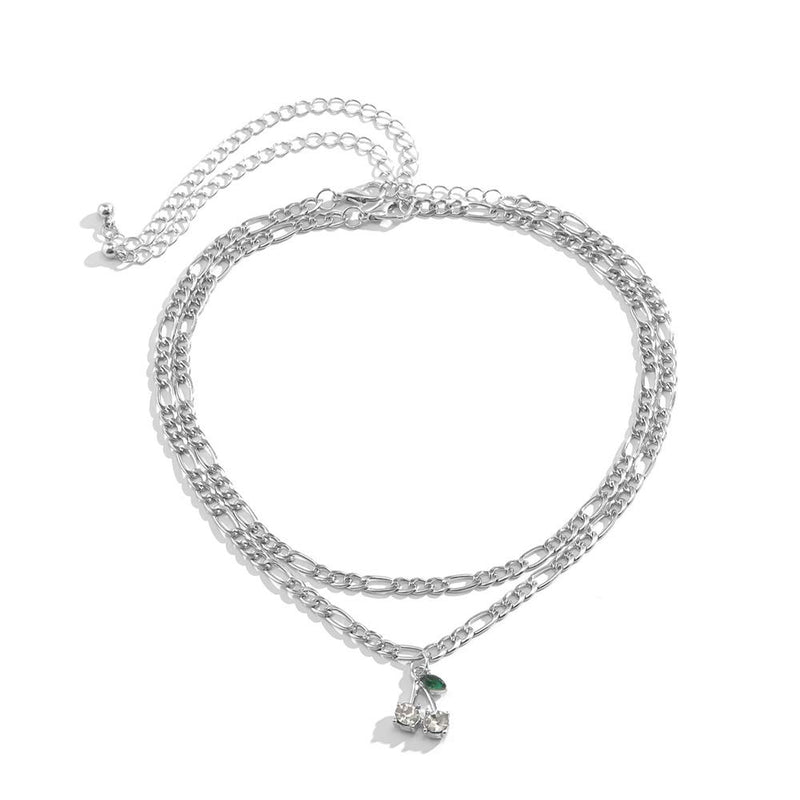 Aimimier Layered Crystal Cherry Necklace 2Pcs Figaro Link Chain Necklace with Cute Fruit Pendant Necklace for Women and Girls (Silver-clear) Silver-clear - BeesActive Australia