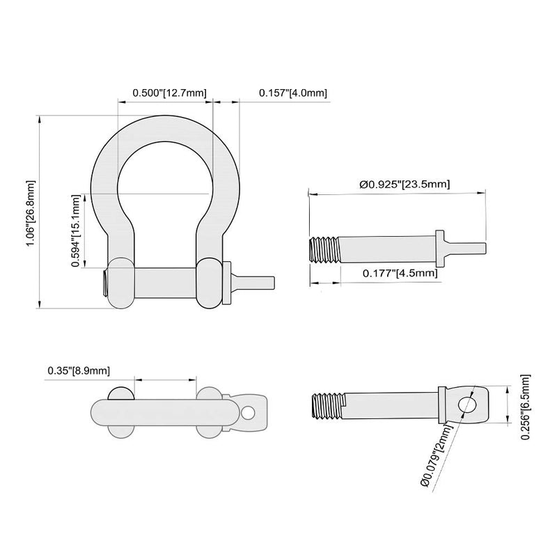 [AUSTRALIA] - Home Master Hardware 1/8" Stainless Steel Screw Pin Anchor Shackle Forged Bow Shackles 6 pcs (1/8 inch) 
