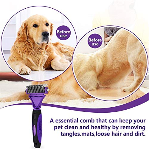 Dog Dematting Tool - Dematting Comb with 2 Sided Undercoat Rake for Cats & Dogs Safe Grooming Rake Tool for Easy Mats & Tangles Removing No More Nasty Shedding and Flying Hair (Purple) PURPLE - BeesActive Australia