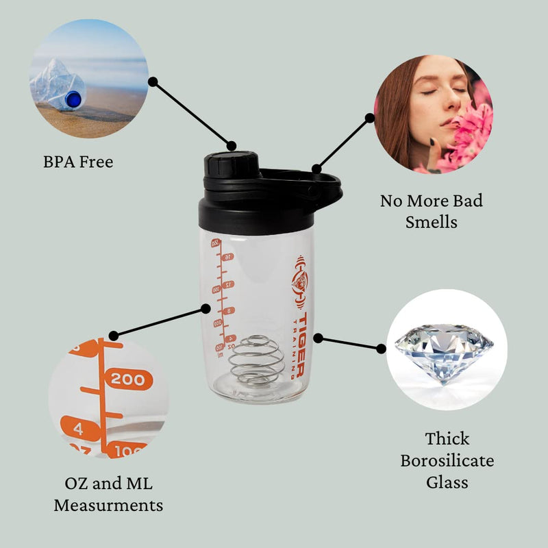 Tiger Training Cleanshake the Original Odor Free Glass Protein Shaker Bottle 700ml - Dishwasher Safe - No More Bad Smells - Easy Clean - Mixer Ball Included - BPA Free - Matt Black and Orange - BeesActive Australia
