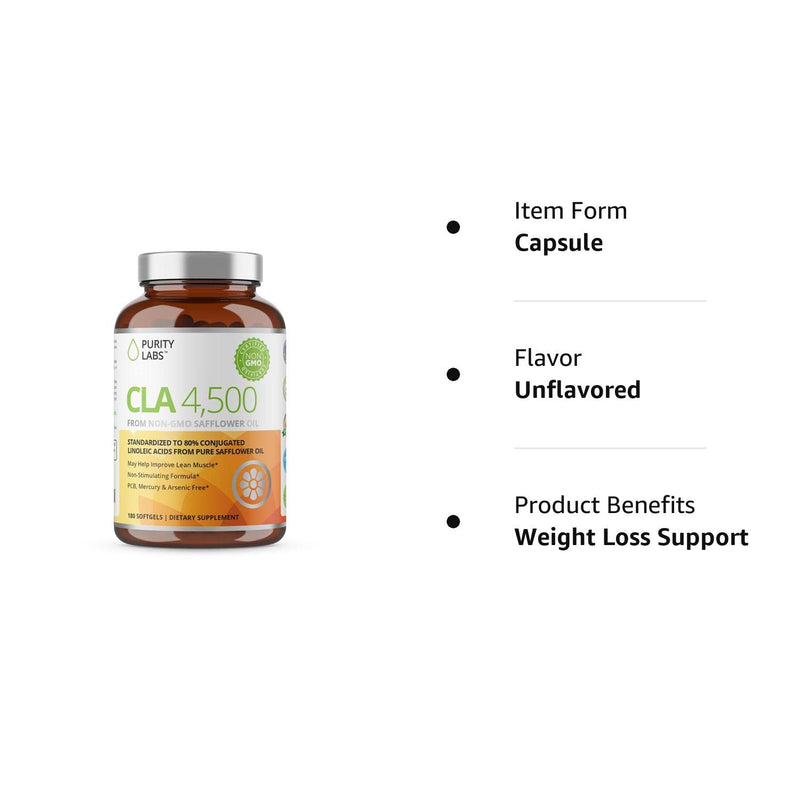 Purity Labs CLA Supplements 4500MG - Non-GMO Safflower Oil - Supports Energy, Weight Loss, Heart Health, and Muscle Health - 180 Soft gels - BeesActive Australia