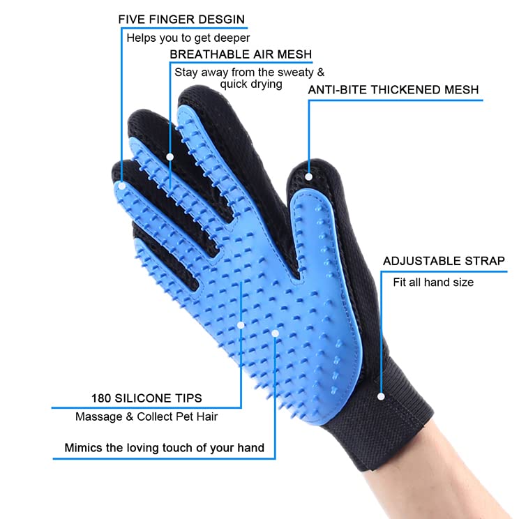 cat brush for shedding Glove - Gentle cat dog hair remover Glove - Massage Mitt with Enhanced Five Finger Design - Perfect for Dog & cat grooming supplies - (Right-Hand), Blue - BeesActive Australia