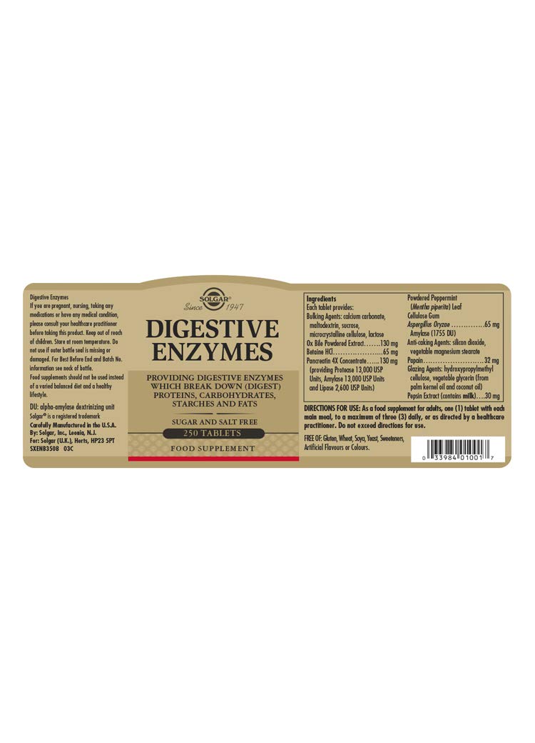 Solgar Digestive Enzymes Tablets - Pack of 250 - Helps Extract Nutrients from Food - Gluten Free - BeesActive Australia