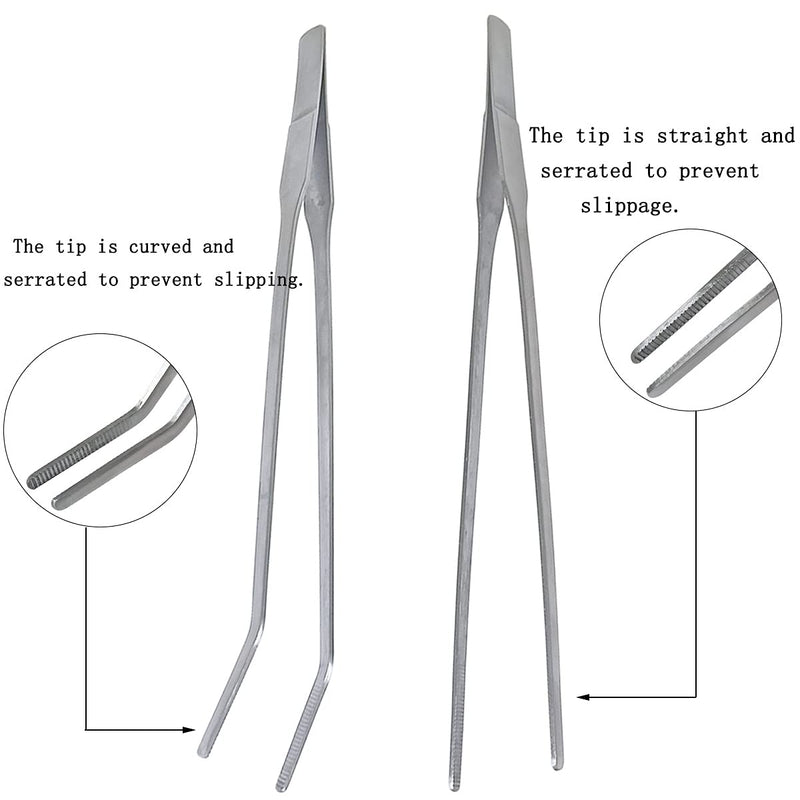 2 Pcs Feeding Tongs, Aquarium Tweezers Stainless Steel Straight and Curved Tweezers Set 27cm/10.6 inches Aquascaping Tools for Hold Worms, Reptiles, Lizards, Bearded Dragon (Silver) - BeesActive Australia