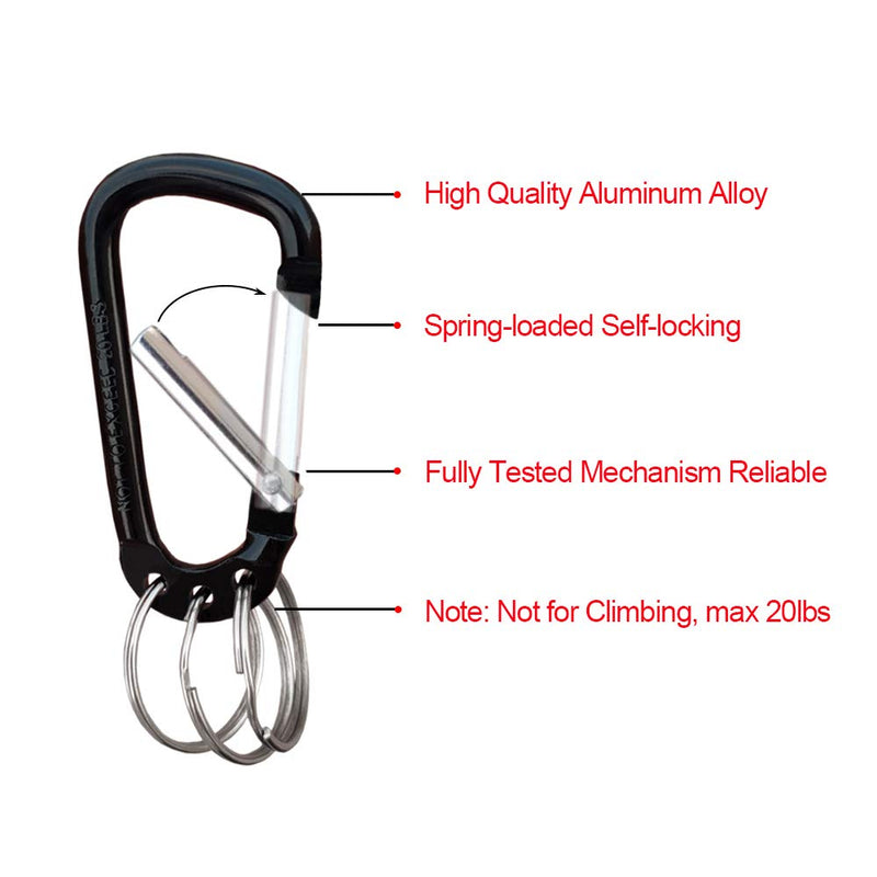 VictorsHome Carabiner Clip Keychain Aluminum Alloy D Shape Multifunction Clip Hook with 3 Key Rings 6 Pack Black - BeesActive Australia