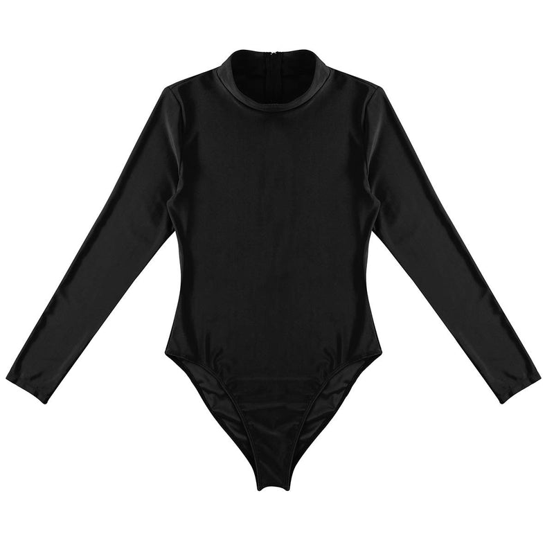 [AUSTRALIA] - FEESHOW Womens Mock Turtleneck Leotard Bodysuit Ladies Long Sleeve Stretch Jumpsuit Black Medium 