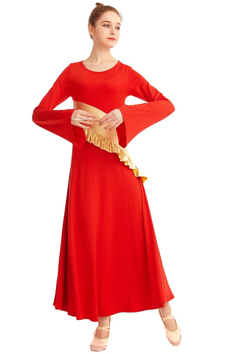 [AUSTRALIA] - MYRISAM Women Metallic Gold Liturgical Praise Worship Long Sleeve Dress Full Length Loose Fit Ruffle Pleated Dancewear Red Medium 