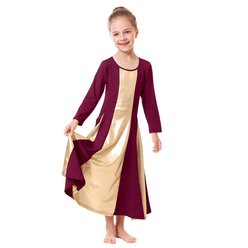 [AUSTRALIA] - IBAKOM Baby Little Big Girls Ruffle Metallic Gold Color Block Praise Dance Dress Liturgical Lyrical Worship Tunic Skirt Kid Dancewear Costume Burgundy-Gold 13-14 Years 