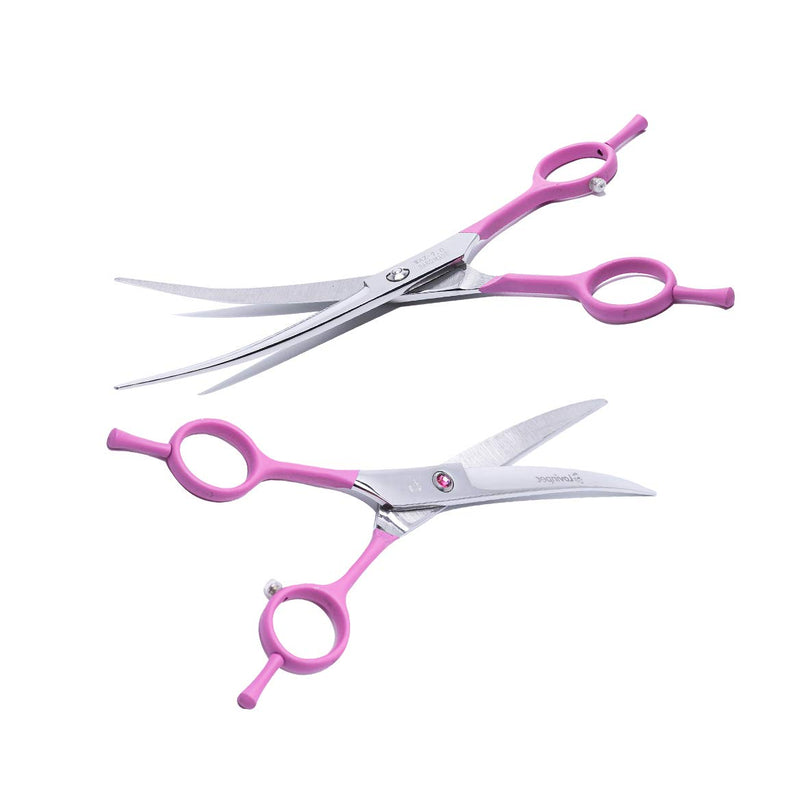 LovinPet 7.5" Left/Right-Handed Pet Curved Dog Scissor/Safety Blunt-tip Grooming Curved Dog Shear/Professional Home Pet Trimming Dog Grooming Scissors for Dogs and Cats (Easy Use) Pink ( Stainless Steel ) - BeesActive Australia