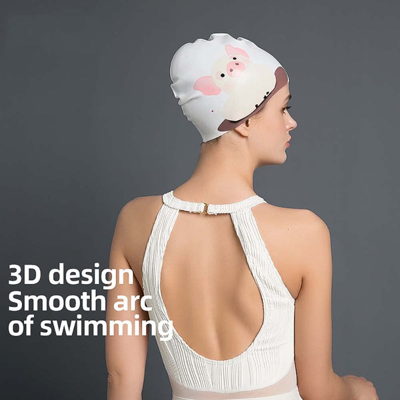 Silicone Swim Cap for Long Hair and Short Hair,3D Soft Stretchable Durable and Anti-Slip to Keep Your Hair Dry,Unisex Bathing Caps Easy to Put On and Off，Adult Swimming Cap Apricot pig 9.45x7.87(in) - BeesActive Australia