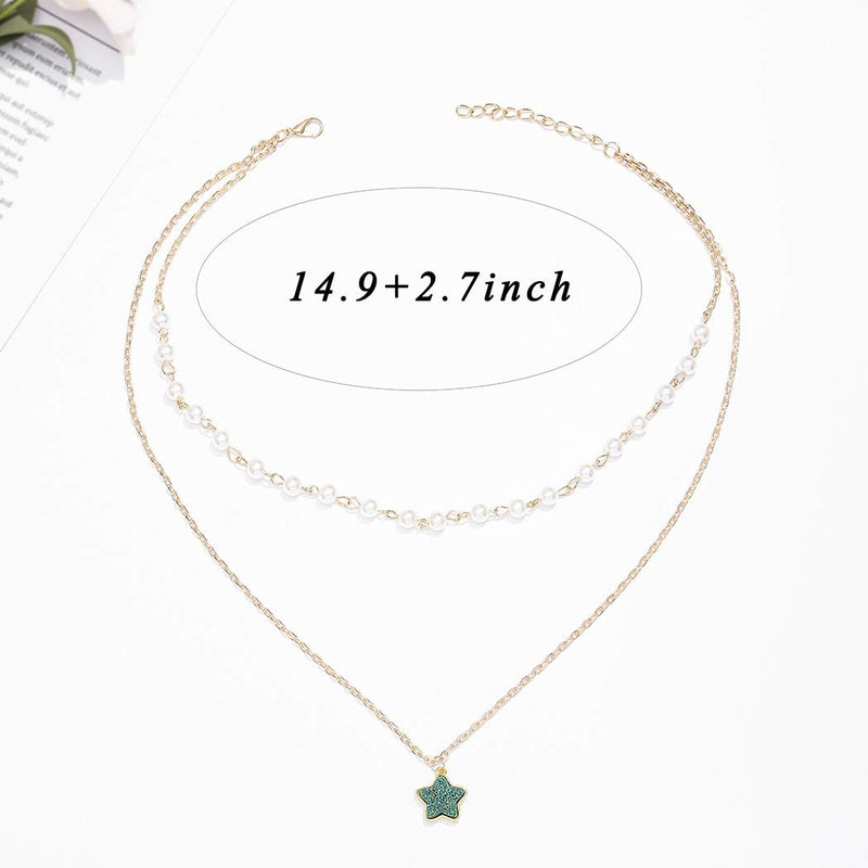 Zehory Boho Star Layered Necklace Gold Crystal Pendant Necklaces Pearl Green Rhinestone Necklace Chain for Women and Girls (Green) - BeesActive Australia