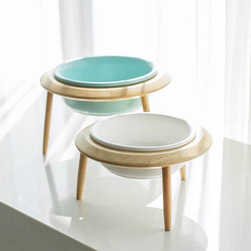 LIONWEI LIONWELI Ceramic Adjustable Elevated Raised Pet Bowl with Wood Stand for Cats and Dogs No Spill Pet Food Water Feeder (3 Installation Methods for Different Height) Small White - BeesActive Australia