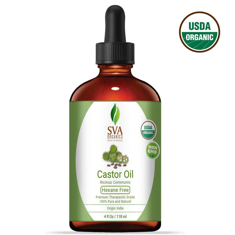 SVA ORGANICS 100% PURE CASTOR OIL WITH DROPPER 4 Oz (118 ML) THERAPEUTIC GRADE | COLD PRESSED, HEXANE FREE - HAIR GROWTH, EYELASHES, EYEBROWS, SKIN & BODY MASSAGE. - BeesActive Australia