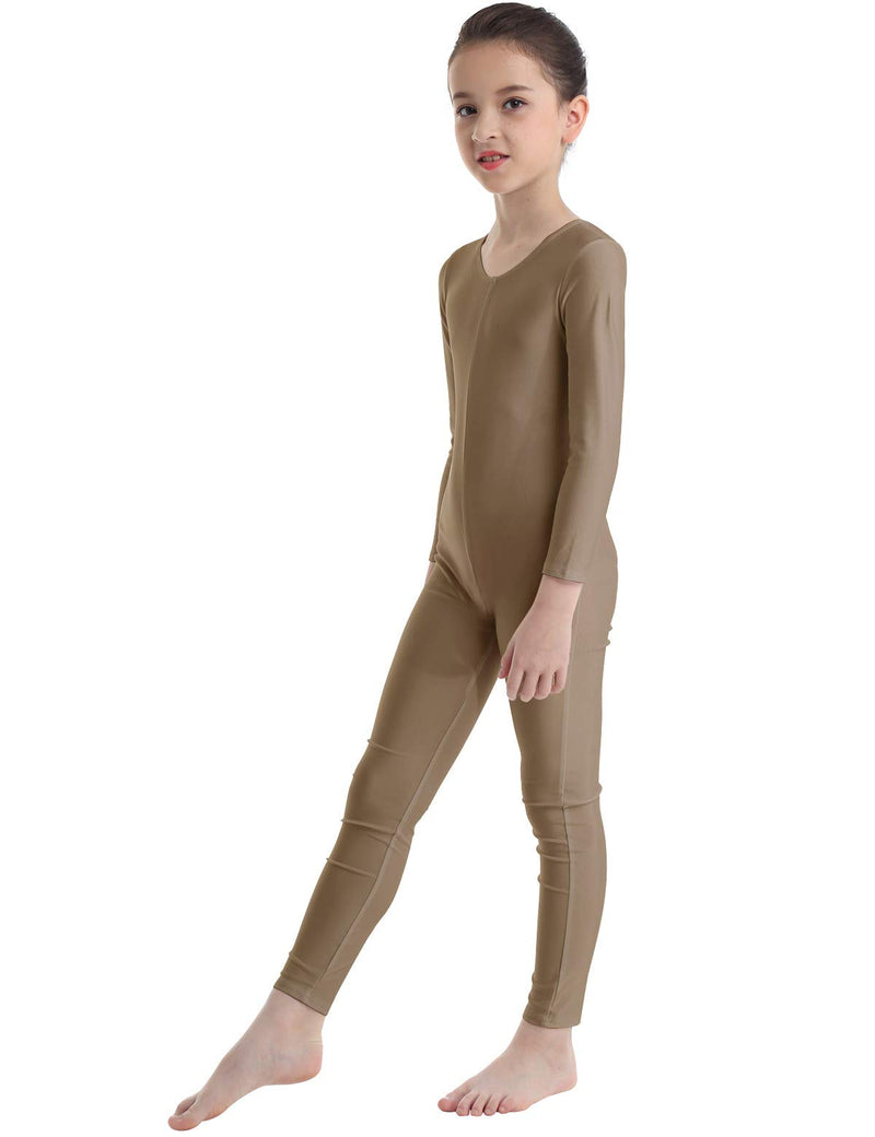 [AUSTRALIA] - YOOJIA Kids Girls Ballet Dance Unitard Long Sleeves Full Length Gymnastic Bodysuit Jumpsuit Dancewear Activewear Brown 10-12 