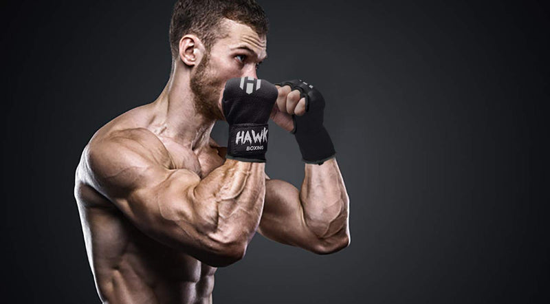 Hawk Padded Inner Gloves Training Gel Elastic Hand Wraps for Boxing Gloves Quick Wraps Men & Women Kickboxing Muay Thai MMA Bandages Fist Knuckle Wrist Wrap Protector Handwraps (Pair) Black S/M - BeesActive Australia