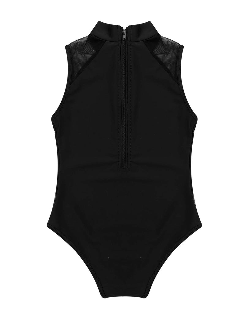 [AUSTRALIA] - moily Kids Girls High Turtleneck Zipper Back Tank Leotard with Mesh Shoulders Gymnastics/Dance/Sports Unitard Black 12-14 